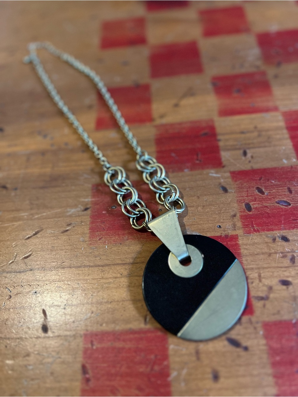 Modern Black & Gold Geometric Disc Pendant Necklace